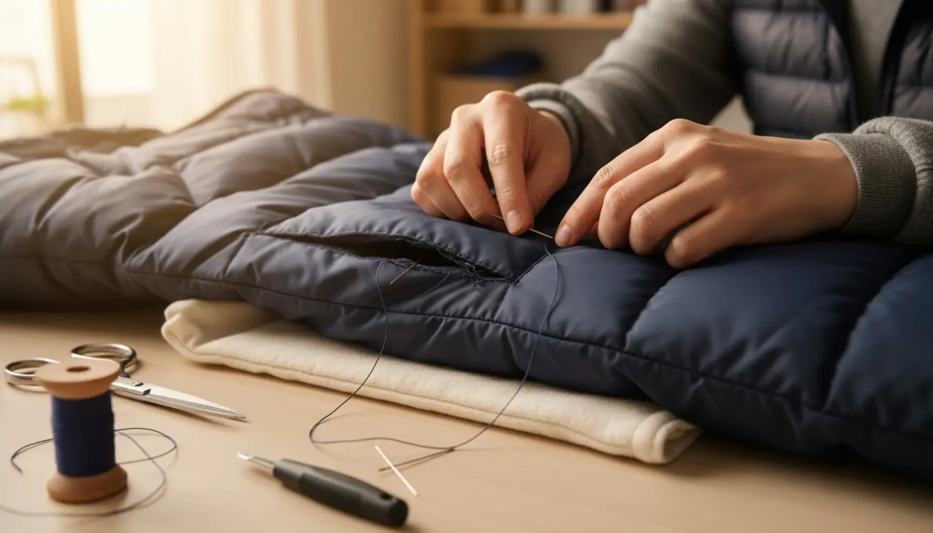 Nærbillede af hænder, der syr en 10 cm lomme fast på en foret vinterjakke ved et lyst hjemmeværksted.