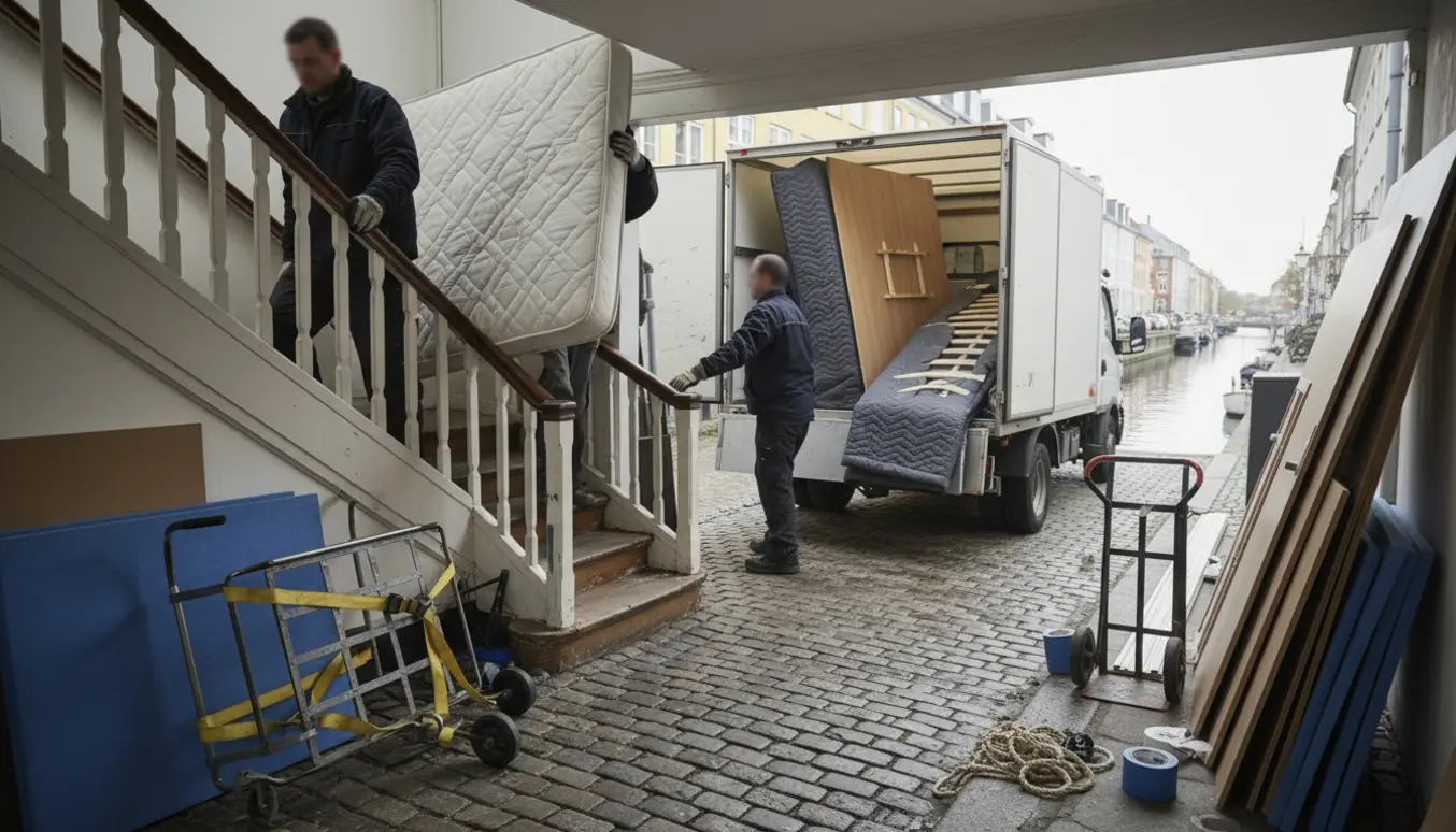 Flyttefolk bærer en madras ned fra 3. sal og læsser adskilt garderobe og sengebunde på en lille lastbil ved en gade i Christianshavn.