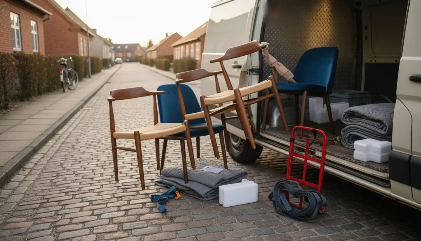 Fire spisebordsstole læsses i en varevogn på en stille, dansk villavej.