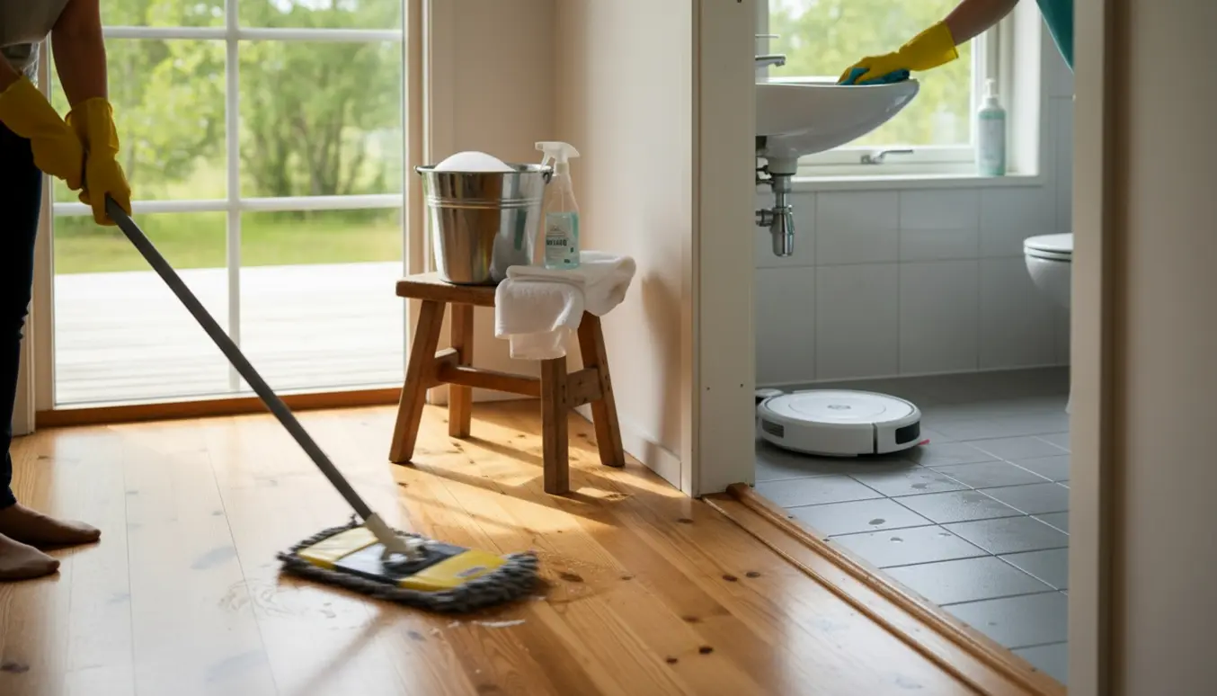 Person vasker gulv og aftørrer badeværelse i lyst træsommerhus med moppe, spand og robotstøvsuger i baggrunden.