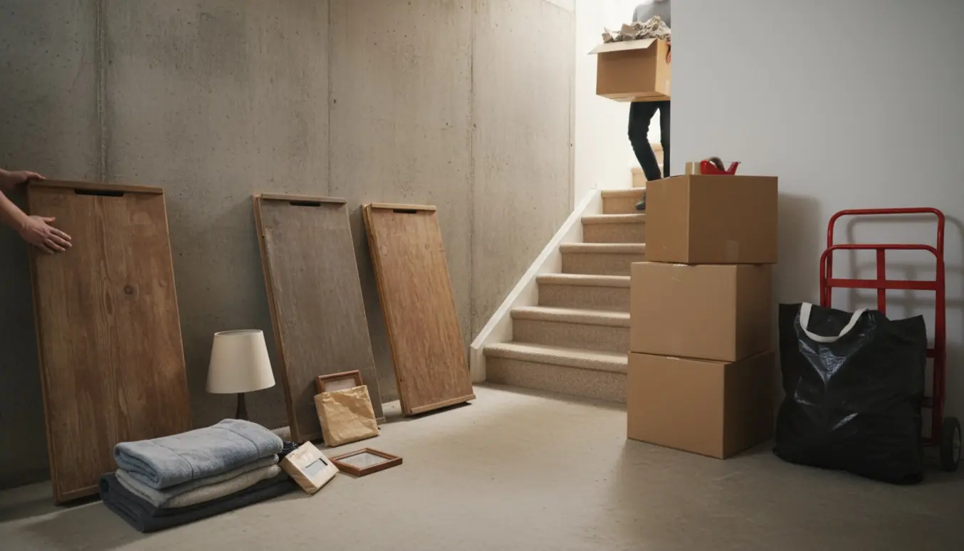 En person bærer en flyttekasse op ad kældertrappen foran stabler af kasser, tre udtrukne skuffer og løse genstande klar til genbrug.