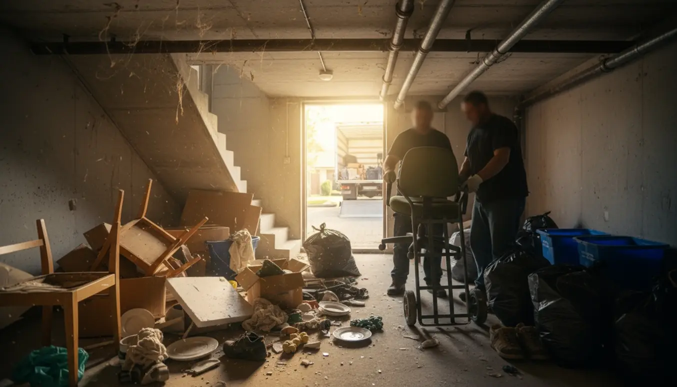 Et rodet kælderrum bliver tømt, hvor handske‑klædte hænder løfter en kontorstol op ad trappen mod en ventende flyttebil.