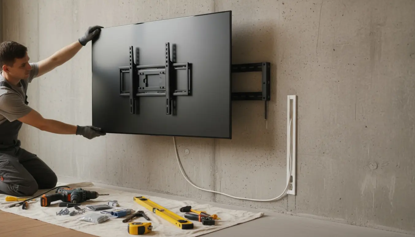 En tekniker monterer et stort OLED-tv på en betonvæg og installerer en kabelskjuler for tv-kablet.