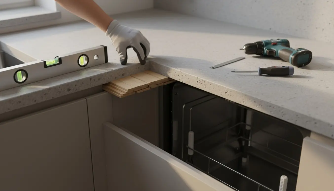 L-formet silikatkomposit-bord løftes med tynde træklodser under kanten, mens værktøj ligger klar.