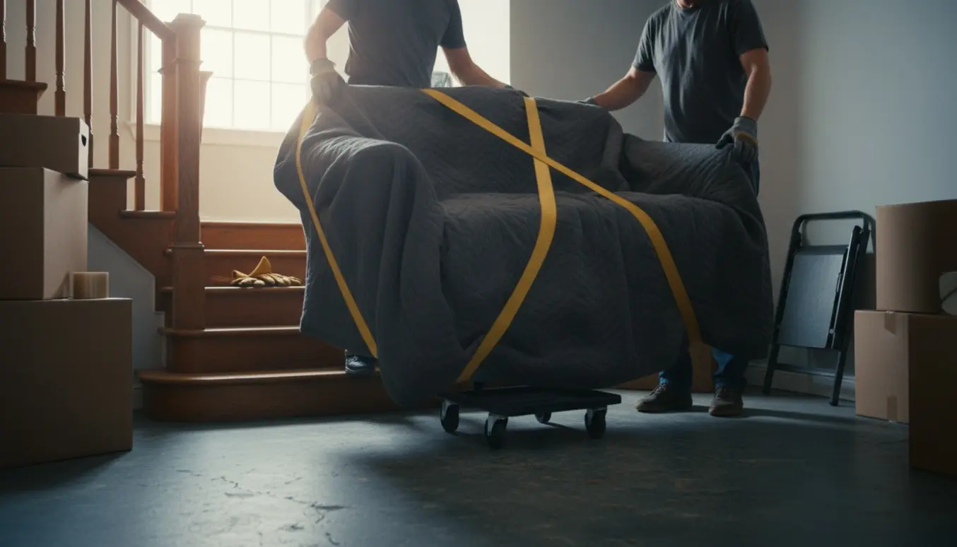 To flyttemænd bærer en indpakket sofa ned ad trappen mod kælderen.