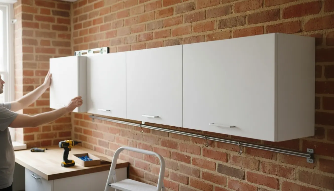 Fem næsten samlede hvide overskabe fra IKEA monteres lavt på en murstensvæg på en 2 meter skinne, hænder justerer et skab.
