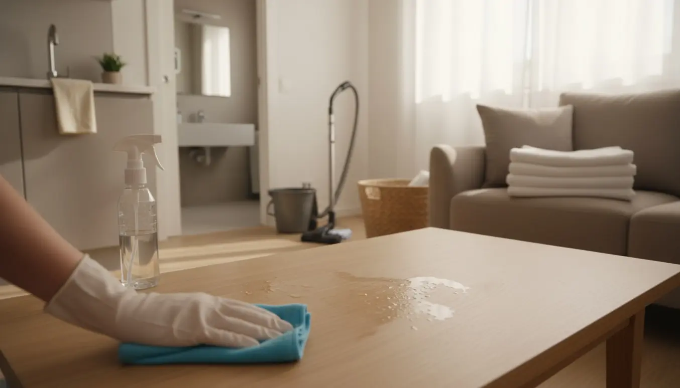 Soloplyst skandinavisk lejlighed med rengøringsudstyr, hvor en person tørrer et sofabord af.