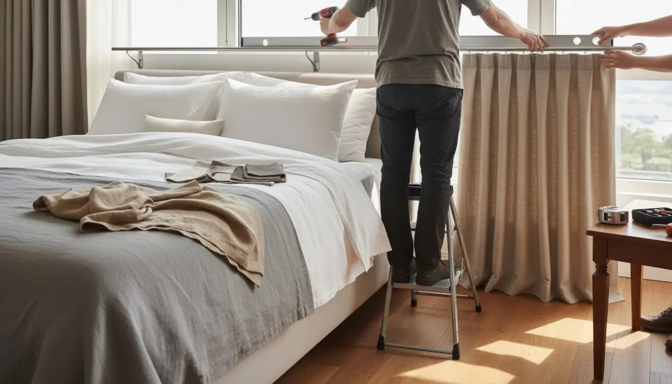 Hænder monterer en gardinskinne over en bred vinduesåbning i et lyst soveværelse, med stofprøver på sengen.