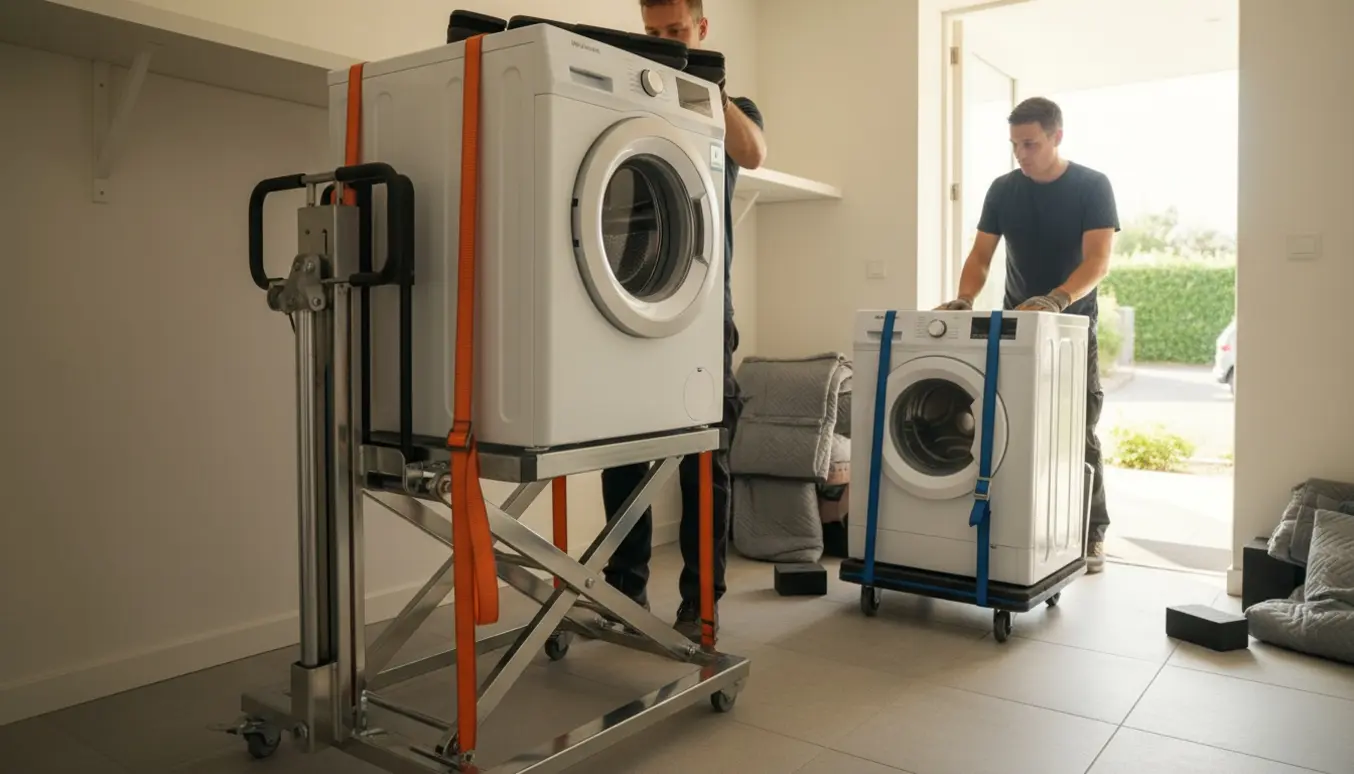 To personer løfter en vaskemaskine med en løftevogn i en lys stueplan, mens den gamle maskine sænkes ned på en tralle mod terrassedøren.