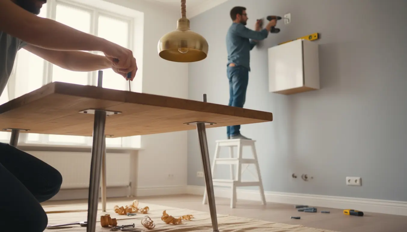 Gør-det-selv: samling af bordben, ophængning af lampe og fastgørelse af skab på væg.