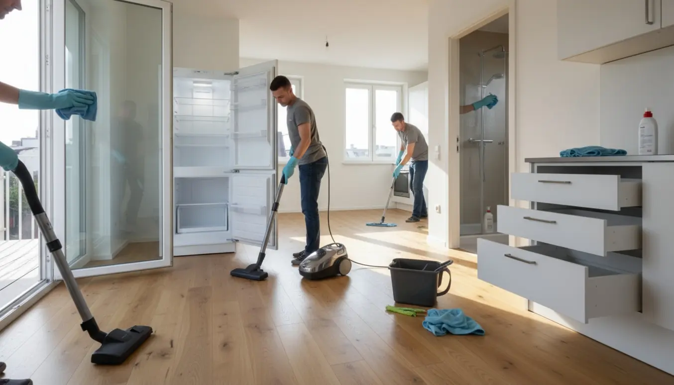 Lyssfyldt treværelses lejlighed under slutrengøring med rene vinduer, pudsede køkkenskabe og nypudset gulv.