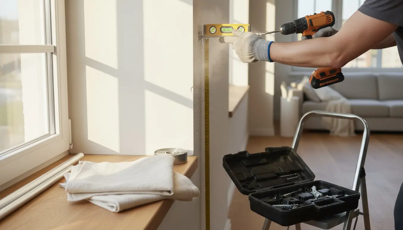 Hænder monterer gardinstang ved et vindue med boremaskine og værktøj i et lyst hjem.