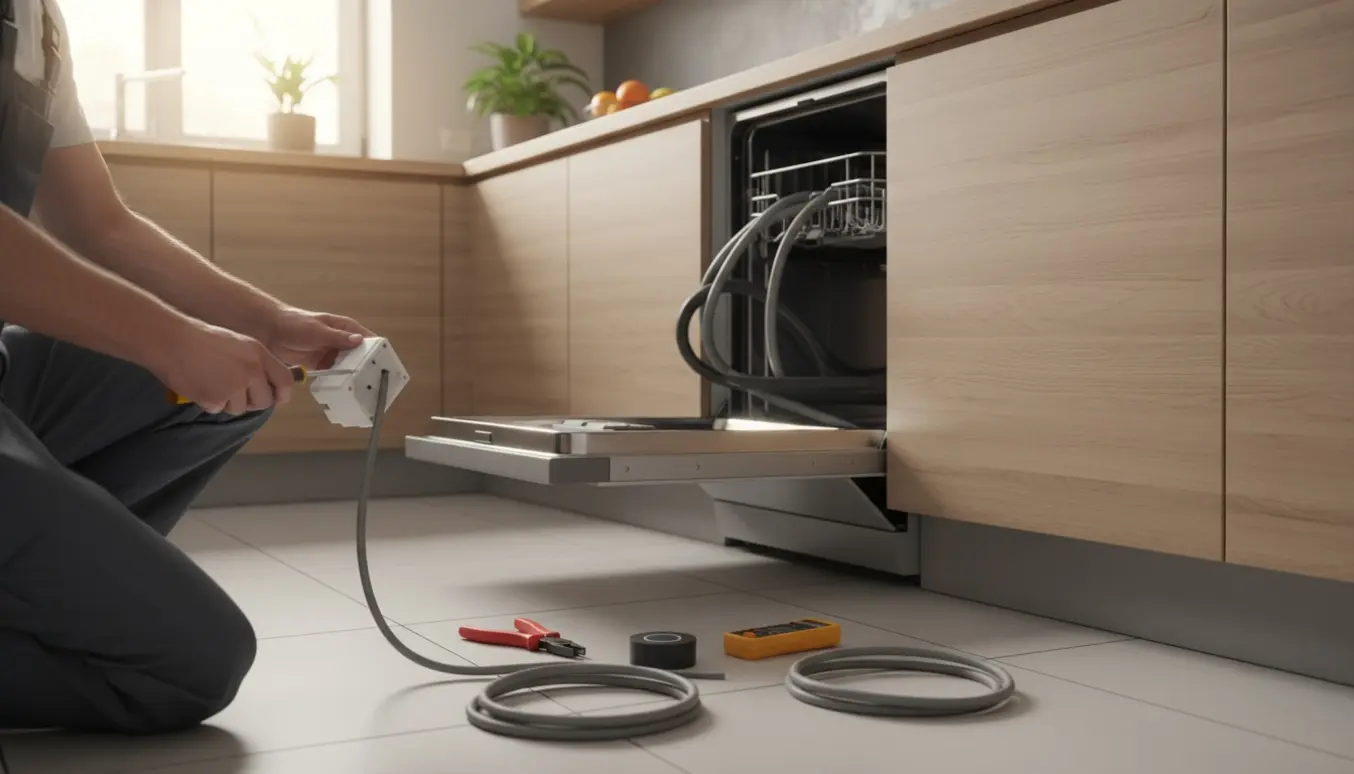 Hænder tilslutter et nyt eludtag til en opvaskemaskine, trukket ud under en lys køkkenbordplade.