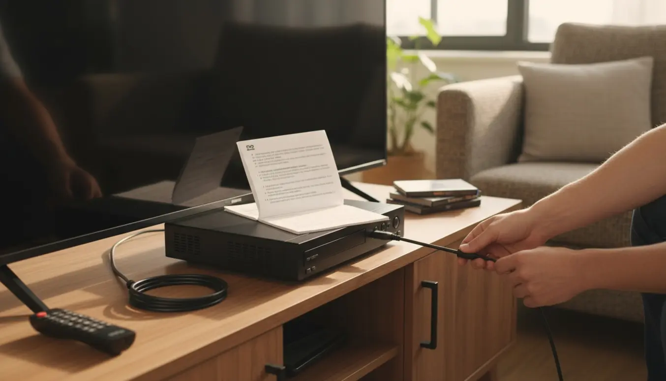 Hænder tilslutter et HDMI-kabel fra en dvd-afspiller til et tv i en hyggelig stue.