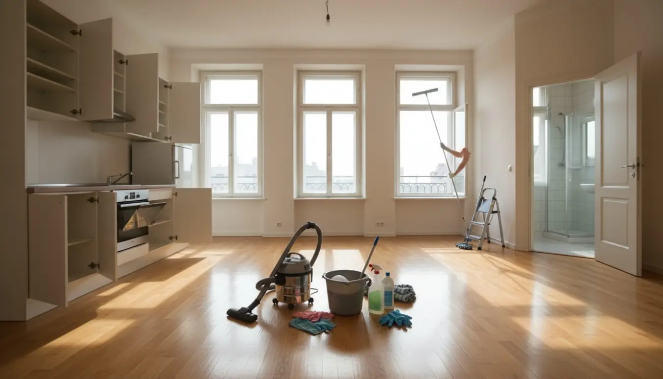 Tom 50 m² lejlighed med nylakeret trægulv, vinduespudser med forlængerskraber og rengøringsudstyr.