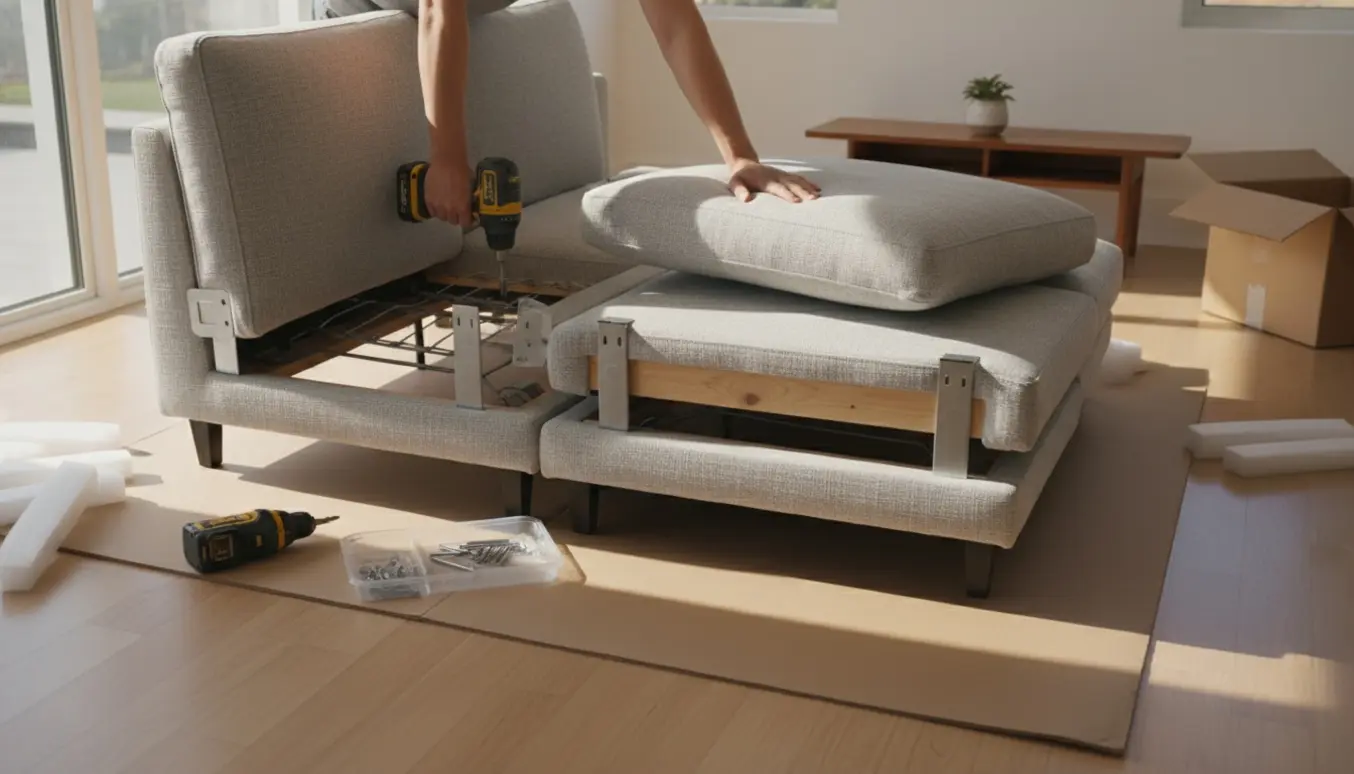 Halvsamlet sofa i en lys stue med værktøj og hænder, der monterer en sektion.