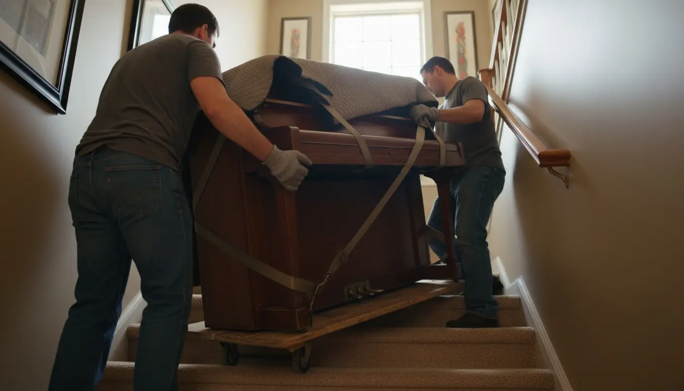 Et klaver bliver forsigtigt båret op ad en smal opgang mod en lejlighed, med flyttetæpper og løftestropper.