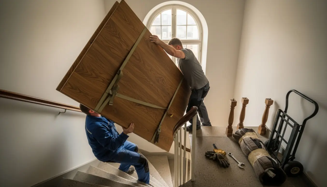 To personer bærer et tungt spisebord op ad en smal trappe i en Østerbro-lejlighed, med løse ben og flytteudstyr på landingen.
