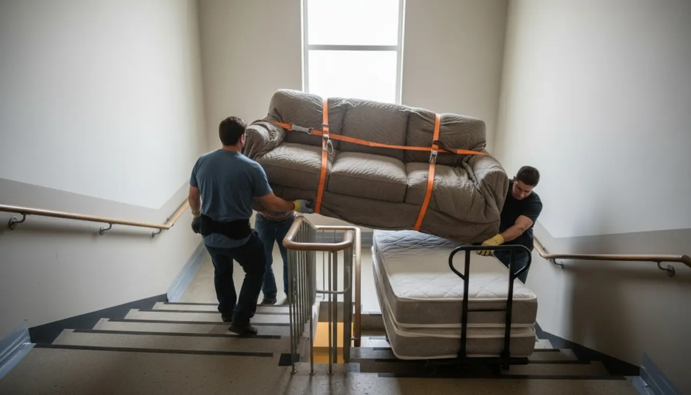 Flyttemænd bærer en indpakket 3-personers sofa og to boks-madrasser ned ad en opgangstrappe.