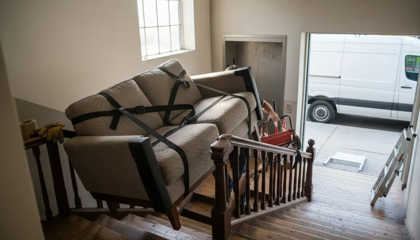 En lille sofa pakkes og bæres ned ad en opgang mod en ventende hvid varevogn, ansigter ikke synlige.