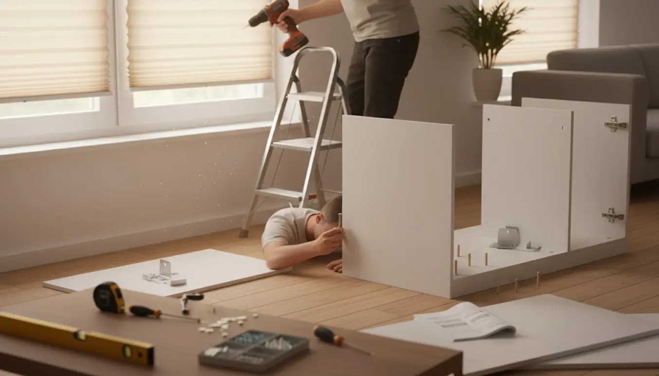 Hænder monterer et plisségardin ved et vindue, mens et delvist samlet skab og værktøj ligger klar.