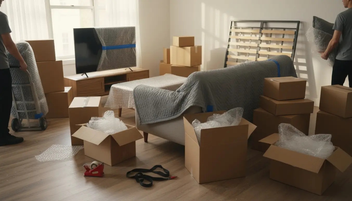 Flytteaktion i en stue med sofa, sofabord, tv-bord, seng og omkring femten flyttekasser.