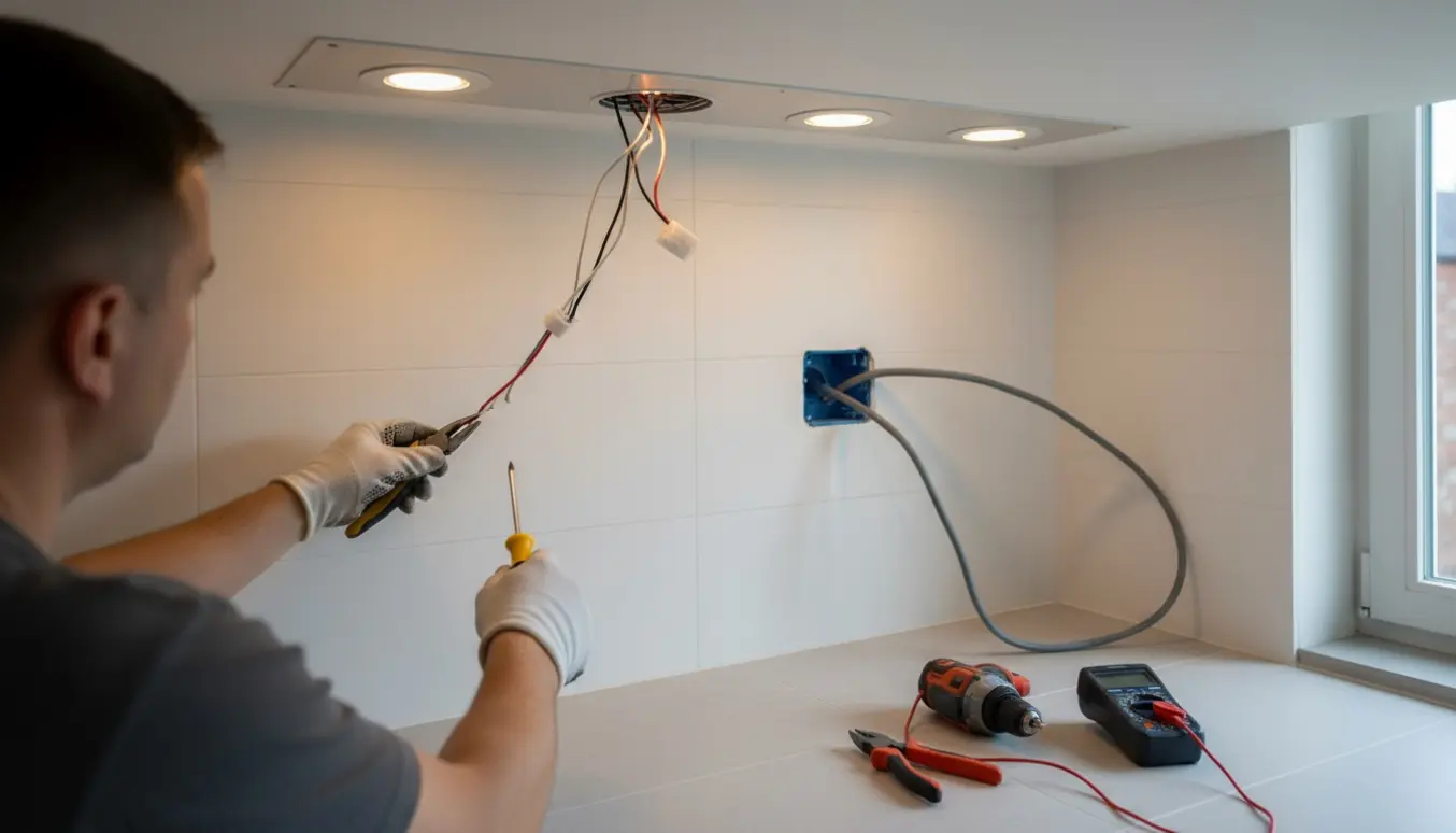 En håndværker retter en løs spot i loftet og installerer en ny stikkontakt i bryggers.