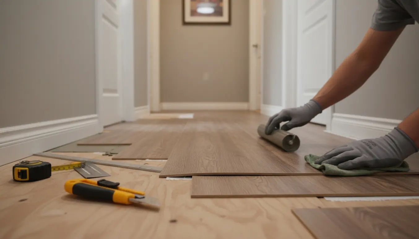 Nærbillede af hænder, der lægger nyt vinylgulv i en smal gang med værktøj ved siden af.