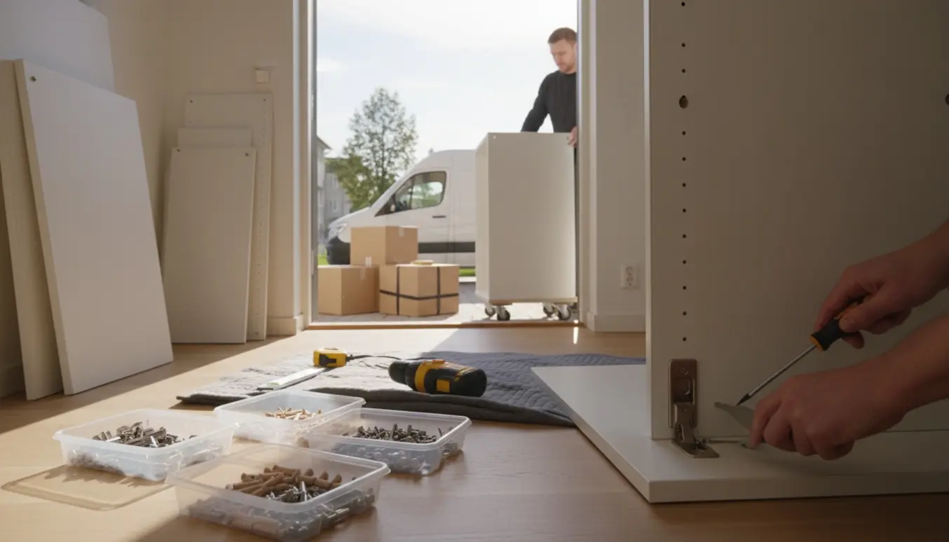 Udsnit af personer uden synlige ansigter, der henter og monterer et PAX-skab i en lys skandinavisk entré med værktøj og skabsdele i fokus.