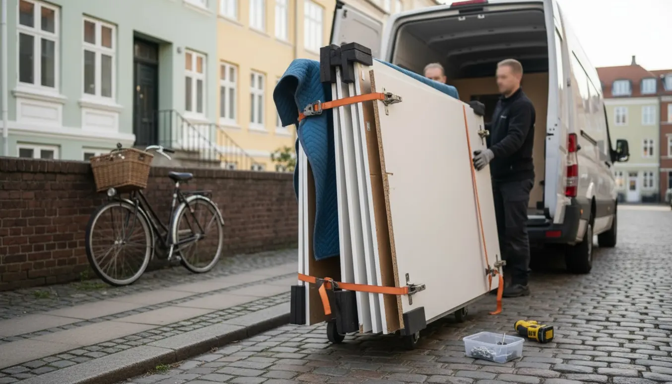 Delvist adskilt og beskadiget IKEA-garderobe på dolly ved en åben flyttevogn foran lejlighedsfacader i København.