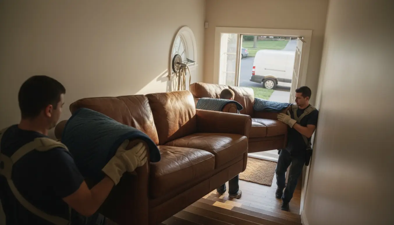 To lædersofaer bæres ned ad en trappe fra 2. sal mod en ventende varevogn, ansigter ikke synlige.