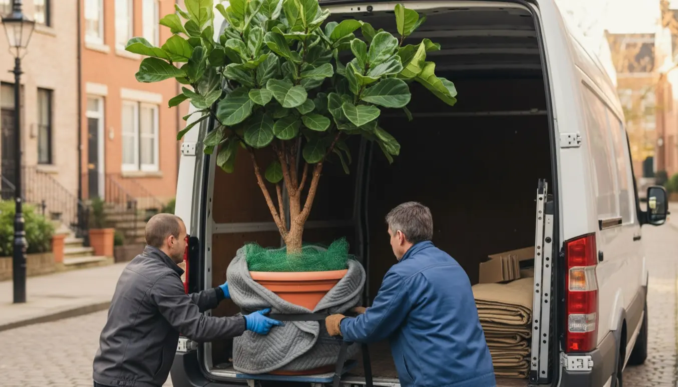 Stor stueplante pakkes og læsses forsigtigt ind i en varevogn på en stille boliggade.
