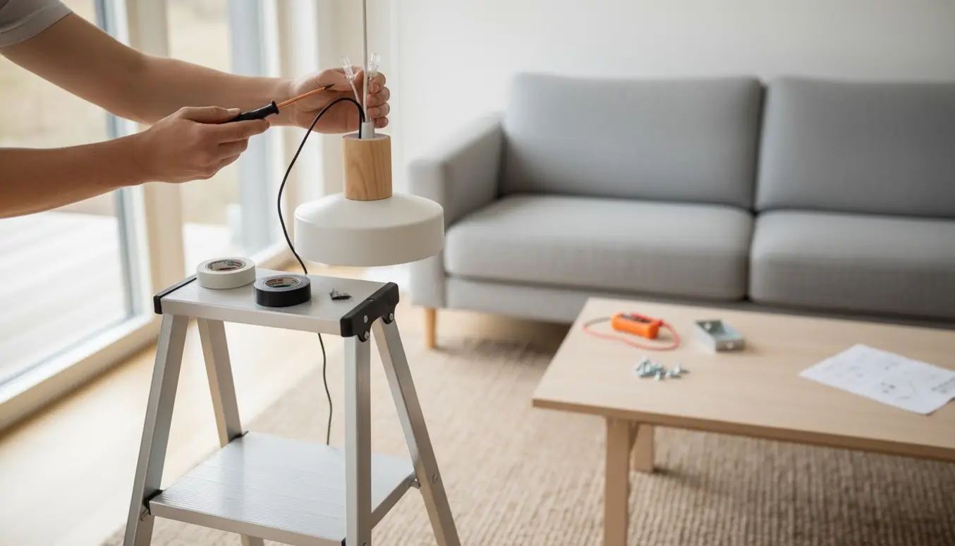 Hænder monterer en skandinavisk loftlampe i en moderne stue med trinladder og værktøj i fokus.
