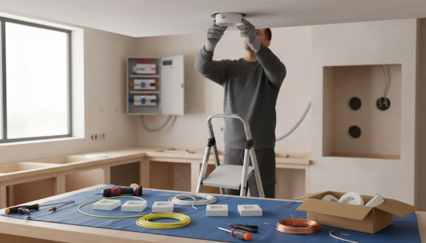Elektriker monterer LED-loftspot i et delvist renoveret køkken med kabler, stikkontakter og værktøj på en dækket bordplade.