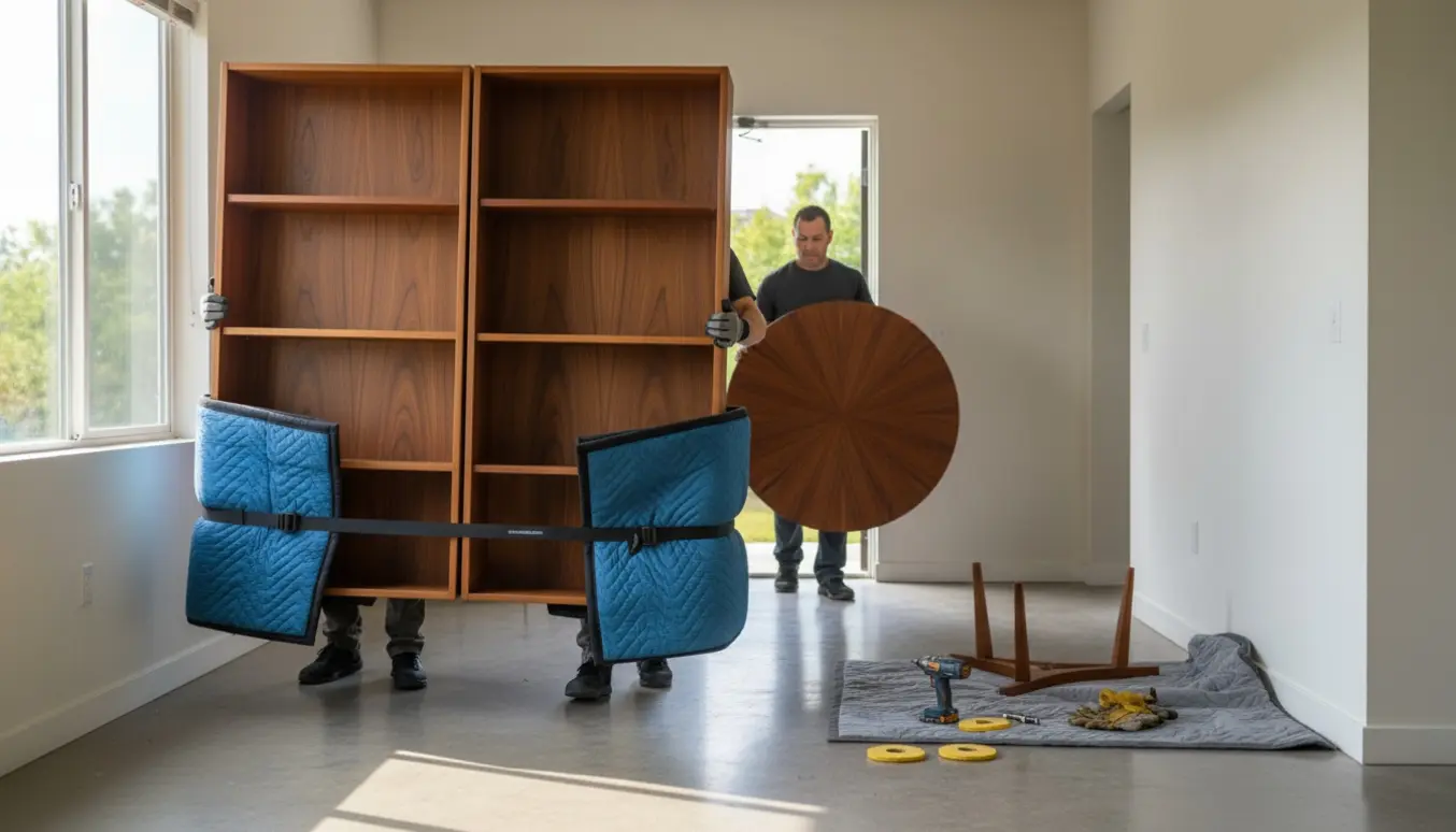 Flyttemedarbejdere bærer en teakreol i to dele gennem en lys lejlighed, mens et palisanderbord ligger klar med afmonterede ben på en beskyttelsesdyne.