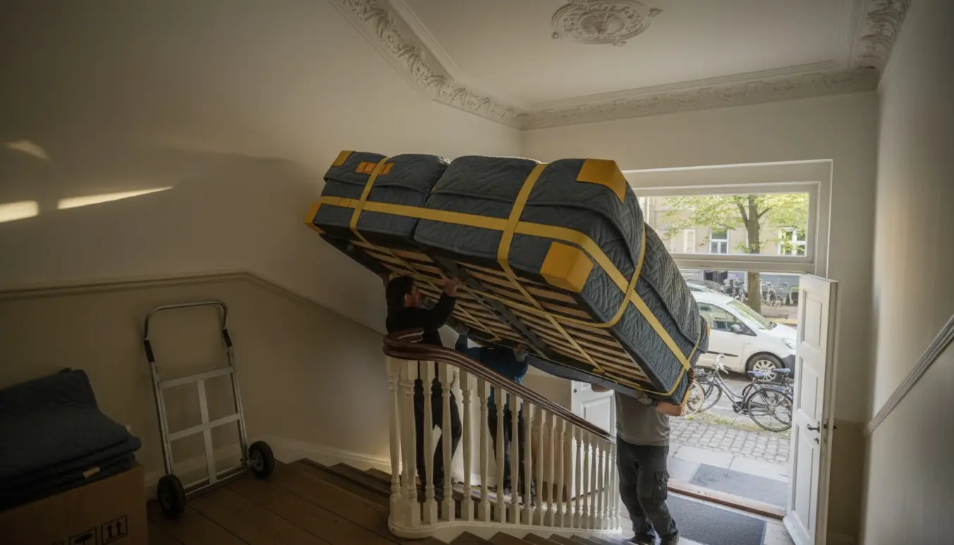 Flyttefolk bærer en indpakket dobbeltseng ned ad en københavnsk trappeopgang mod en varevogn.