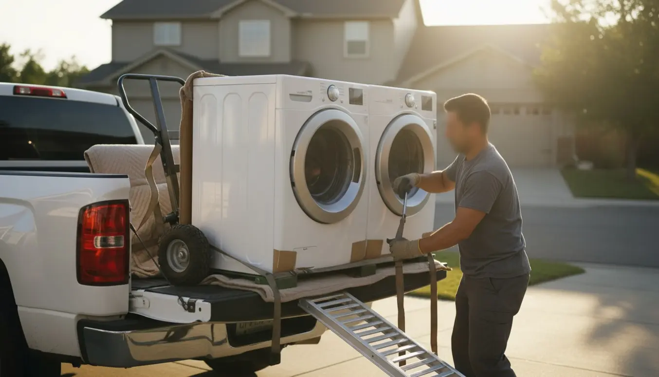 To personer læsser en vaskemaskine og tørretumbler på en pickup i indkørslen, ansigter ikke tydelige.