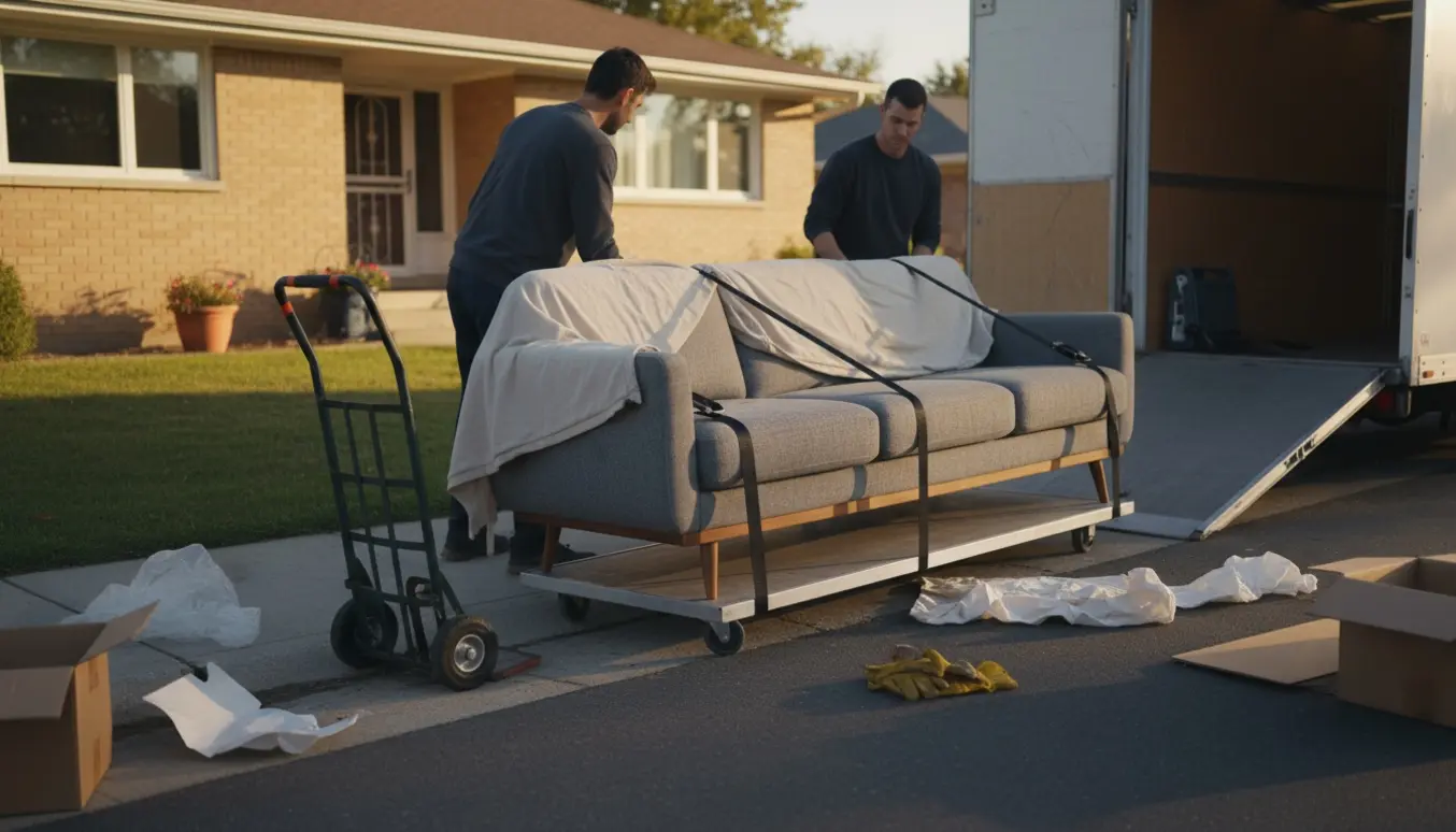 Flyttemænd placerer en IKEA Landskrona chaiselong-sofa på kantstenen foran et parcelhus.