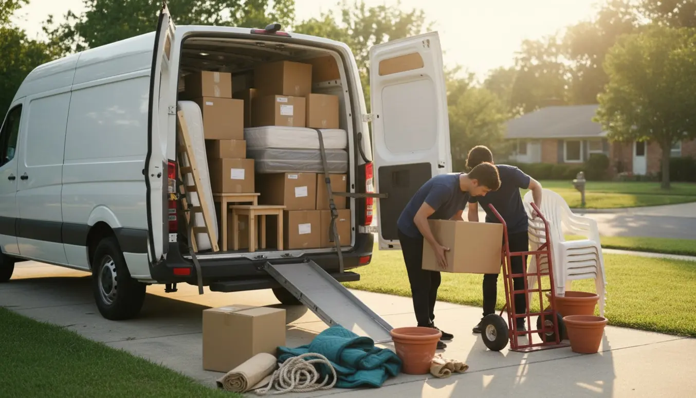 Åben hvid flyttebil på indkørsel med stabler af flyttekasser, en seng, havemøbler og hænder, der losser uden synlige ansigter.