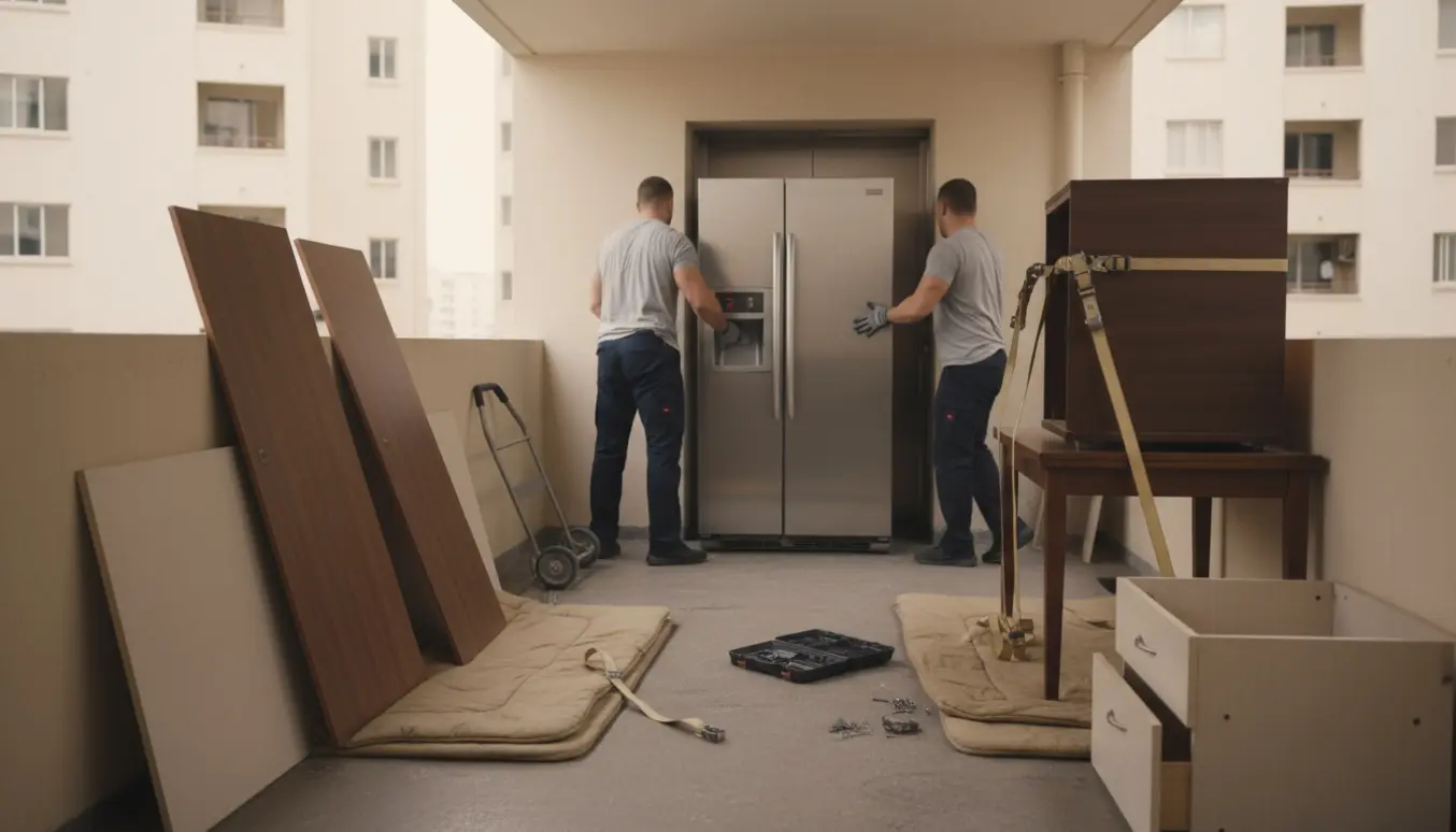 To flyttemænd løfter et stort kølefryseskab mod en åben elevator på en lille svalegang, omgivet af møbler og flytteudstyr.