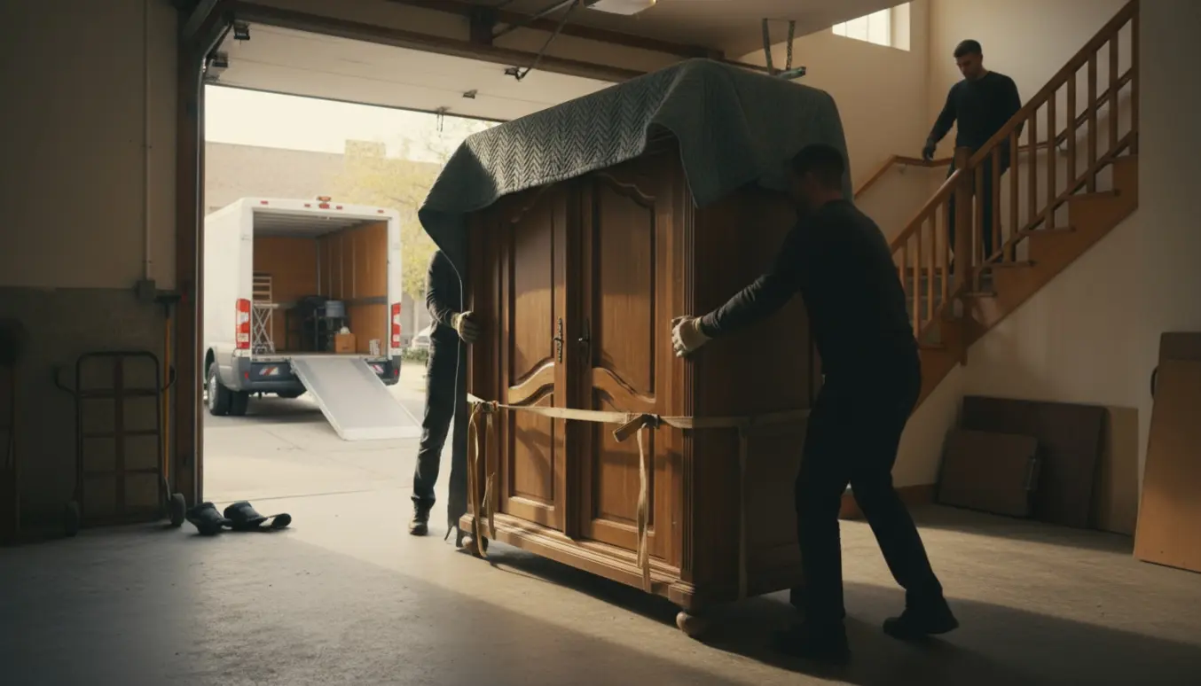 Et massivt træskab dækket af flyttetæpper bæres op ad en trappe af flyttemænd med varevogn i baggrunden.