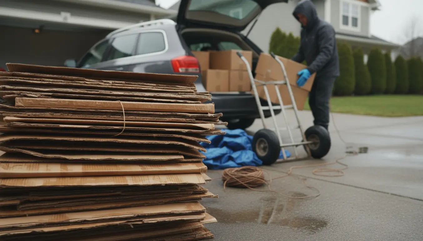 Våde, sammenklappede papkasser i indkørsel klar til at blive kørt til genbrugsplads.