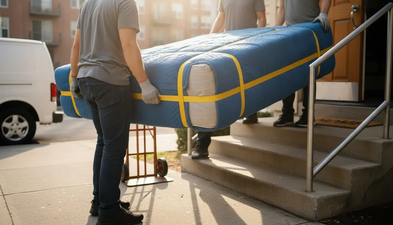 To personer bærer en stor seng fra kantsten op ad trappe mod første sal med flyttetæpper og handsker.