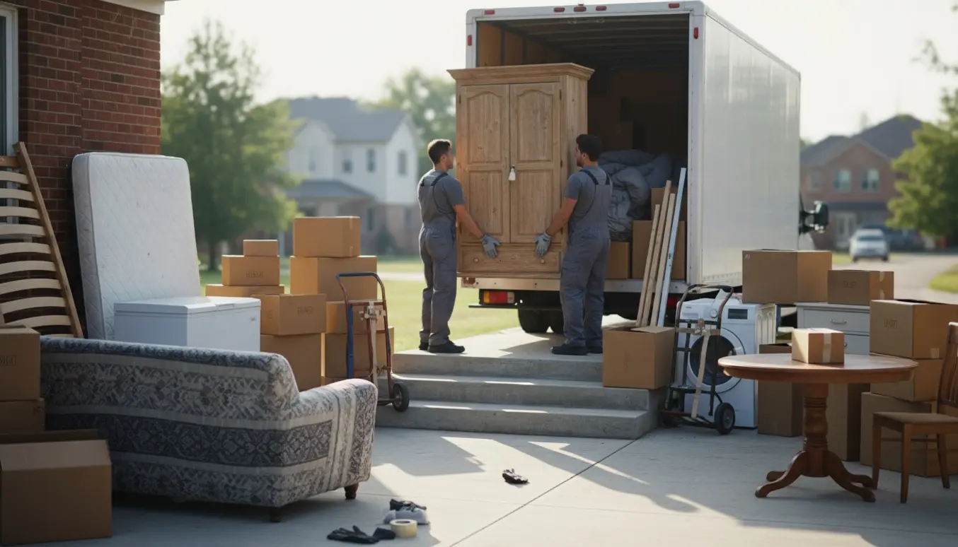 To flyttefolk og en hjælper læsser møbler og stabler flyttekasser ved en åben flyttevogn på en solrig morgen.