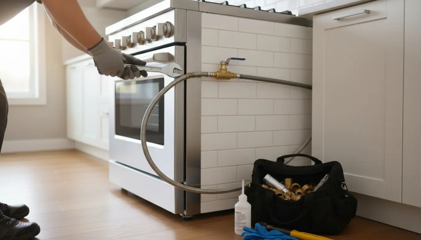 Tekniker med handsker tilslutter en gaskomfur til gasventilen bag ovnen i et lyst køkken.