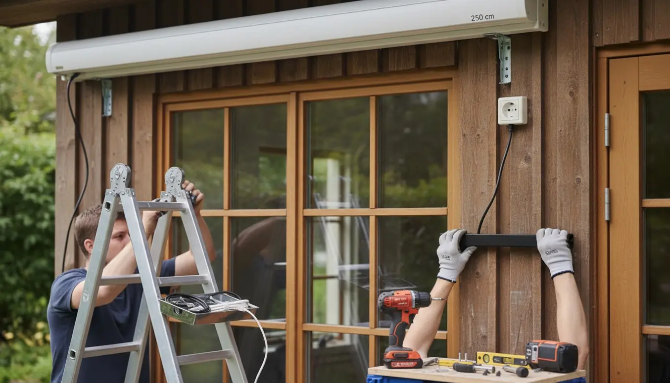 Udeinstallation af elektrisk markise og væghængt terrassevarmer ved husfacade med værktøj og kabler, ingen synlige ansigter.