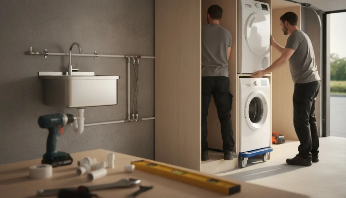 Montage af vaskemaskine og tørretumbler i garage med vask og synlige rørtilslutninger.