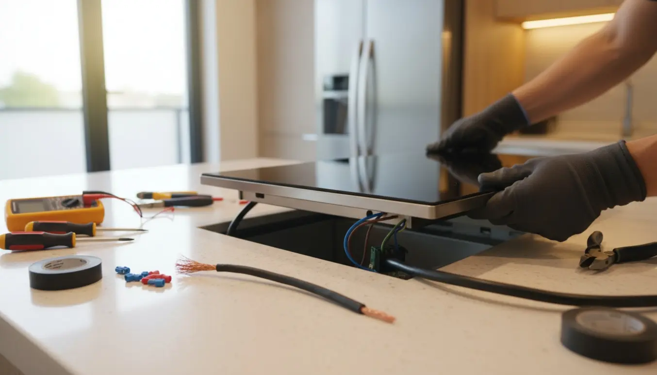 Elektriker monterer et glaskeramisk komfur i et køkkenudskåret hul med kabler og værktøj på bordet.