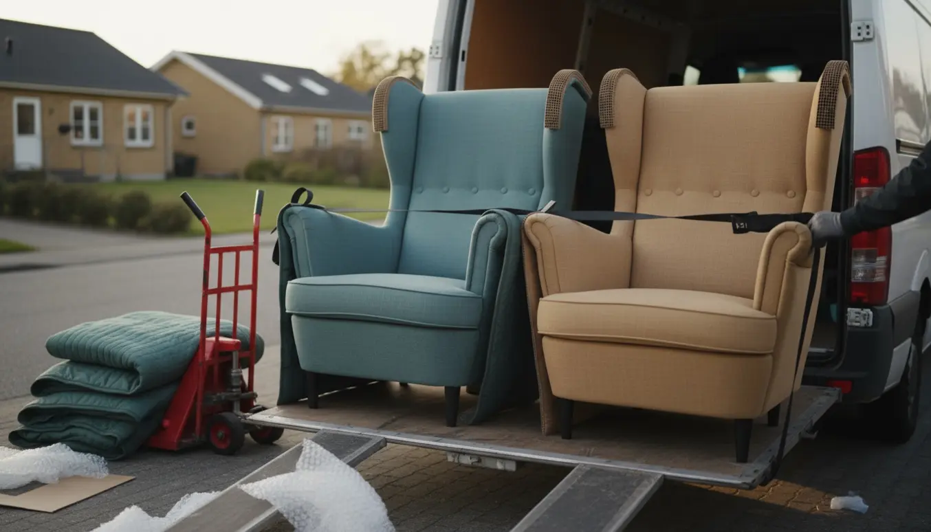 To Strandmon-lænestole pakket og læsset i en hvid flyttebil på indkørsel.
