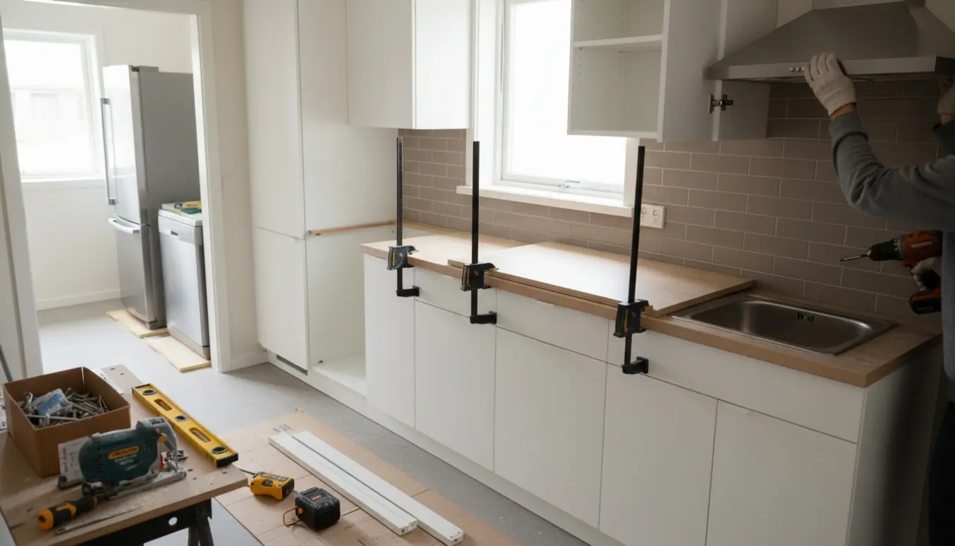 Delvist monteret lille køkken med underskabe, overskabe, emhætte og laminatbordplade, håndværkerhænder i arbejde uden tydeligt ansigt.